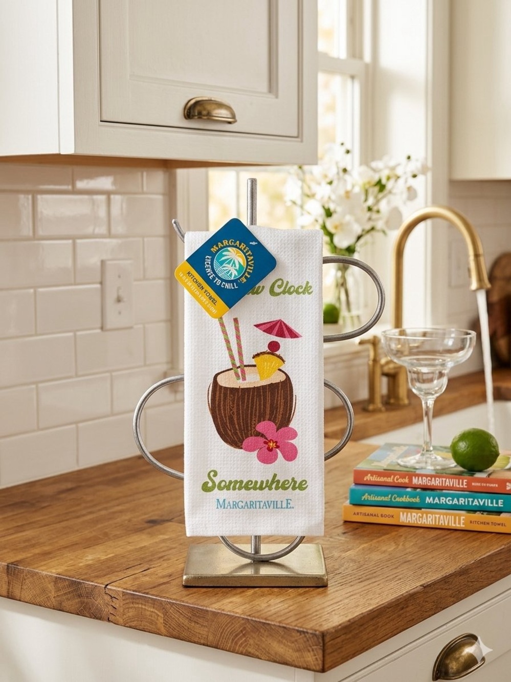 Margaritaville White Kitchen Towel with Tropical Coconut Cocktail Print